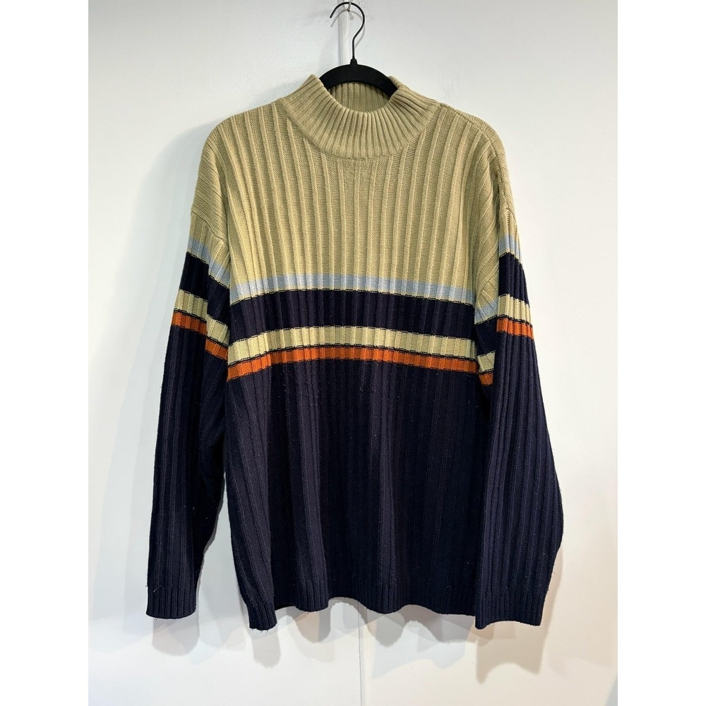 VTG Trust Sweater Mens XL Blue Tan Striped Mock Neck Ribbed Knit Pullover Korea
